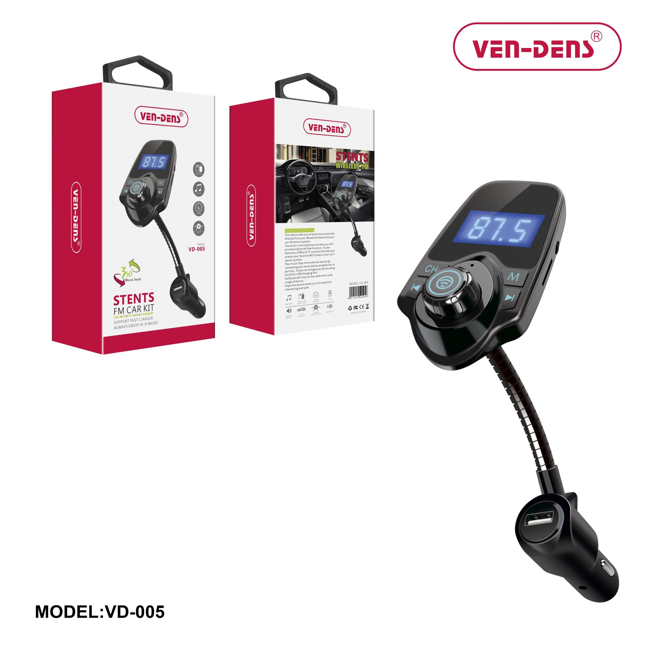 Ven-Dens VD-005 Car Charger and Bluetooth FM Player with USB/TF/Aux Port